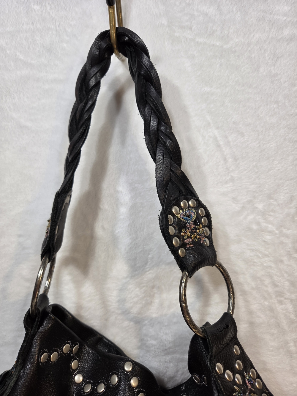 Betsey Johnson Black Braided-Handle Studded Shoulder Bag - Picture 3 of 12